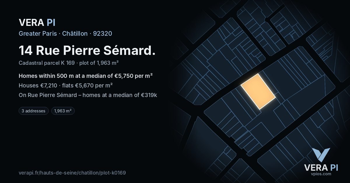 14 Rue Pierre Sémard, Châtillon at night – the plot lit, the parcels around coloured by the prices near them