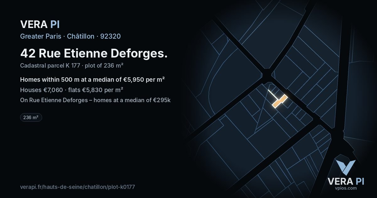 42 Rue Etienne Deforges, Châtillon at night – the plot lit, the parcels around coloured by the prices near them
