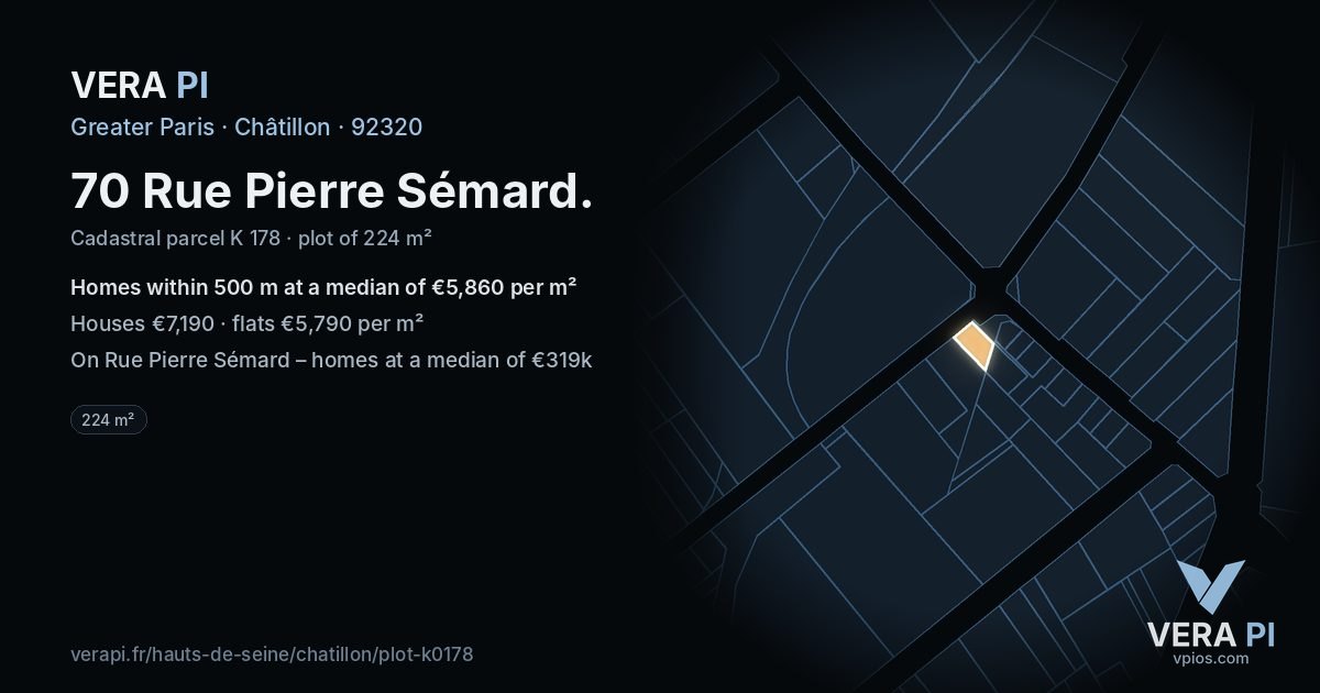 70 Rue Pierre Sémard, Châtillon at night – the plot lit, the parcels around coloured by the prices near them