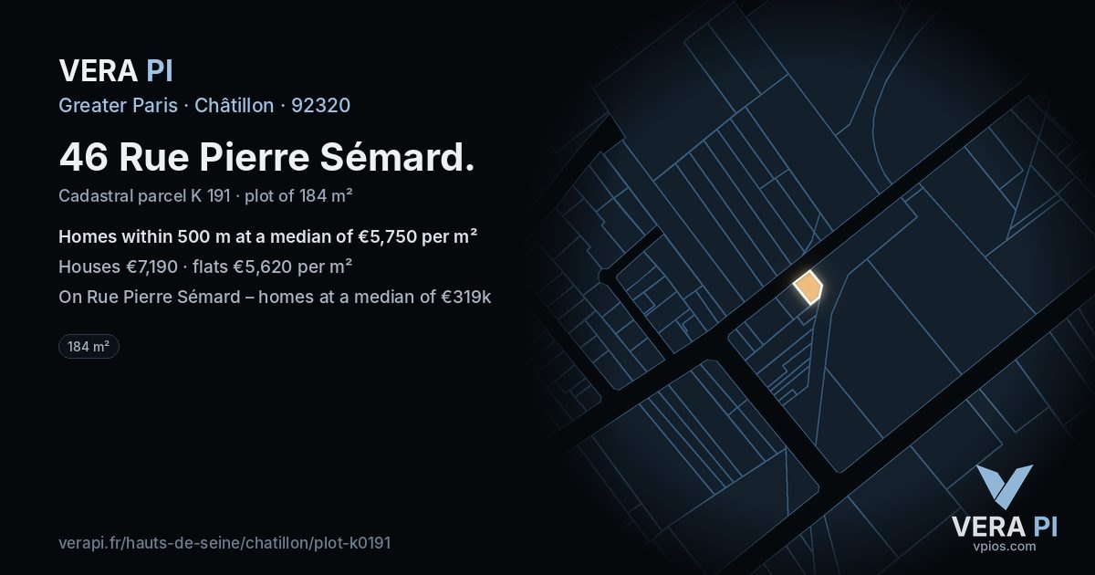 46 Rue Pierre Sémard, Châtillon at night – the plot lit, the parcels around coloured by the prices near them