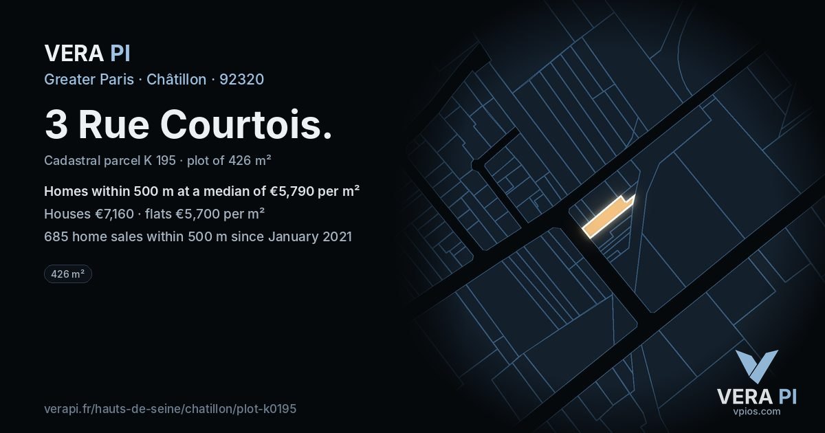 3 Rue Courtois, Châtillon at night – the plot lit, the parcels around coloured by the prices near them