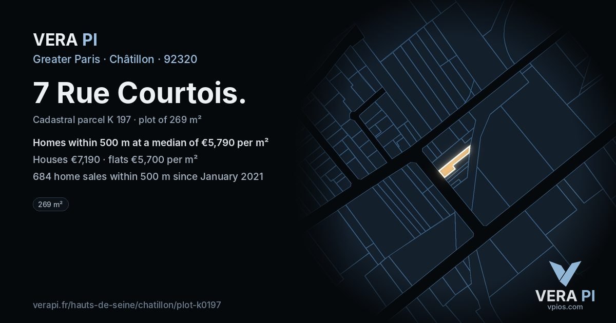 7 Rue Courtois, Châtillon at night – the plot lit, the parcels around coloured by the prices near them