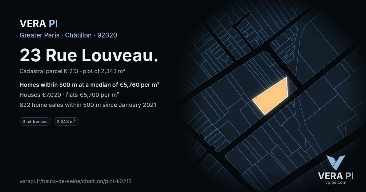 23 Rue Louveau, Châtillon at night – the plot lit, the parcels around coloured by the prices near them
