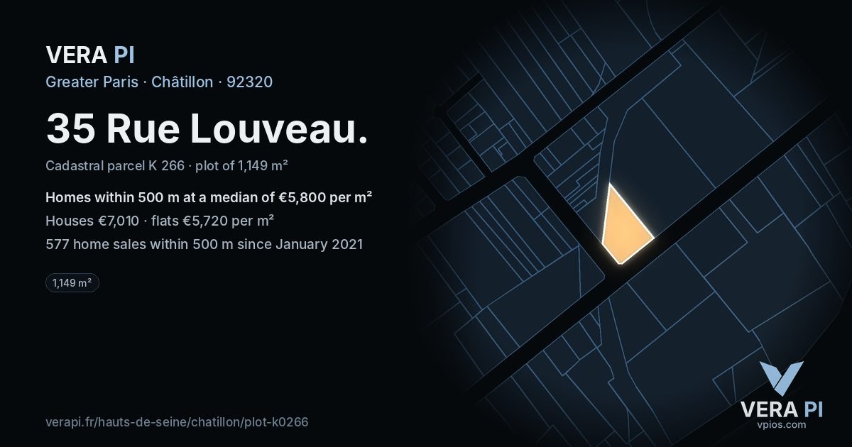 35 Rue Louveau, Châtillon at night – the plot lit, the parcels around coloured by the prices near them