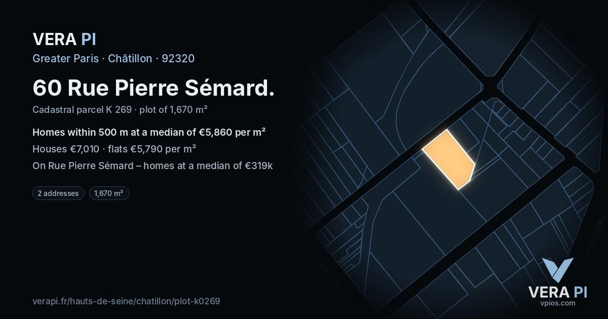 60 Rue Pierre Sémard, Châtillon at night – the plot lit, the parcels around coloured by the prices near them