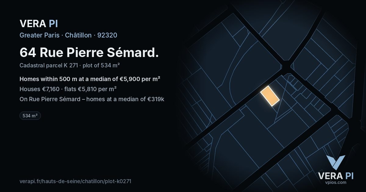64 Rue Pierre Sémard, Châtillon at night – the plot lit, the parcels around coloured by the prices near them