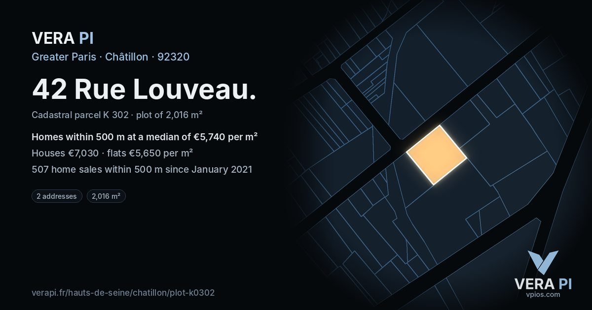 42 Rue Louveau, Châtillon at night – the plot lit, the parcels around coloured by the prices near them