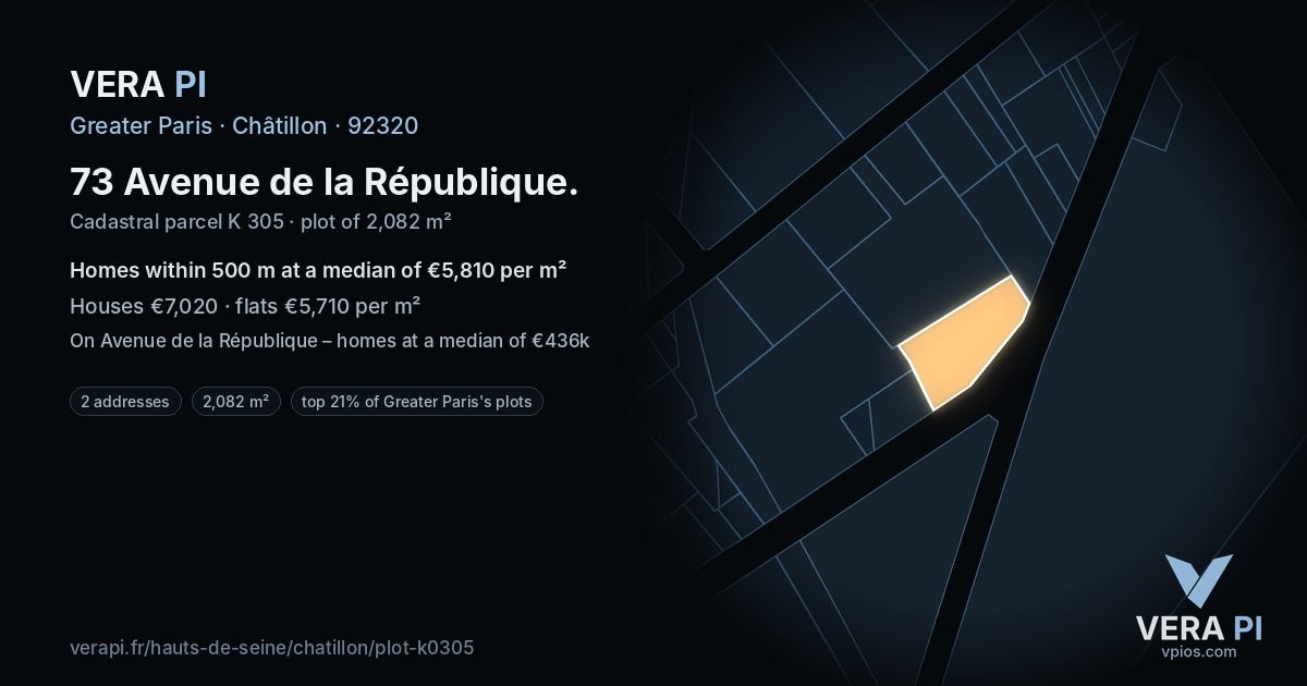 73 Avenue de la République, Châtillon at night – the plot lit, the parcels around coloured by the prices near them