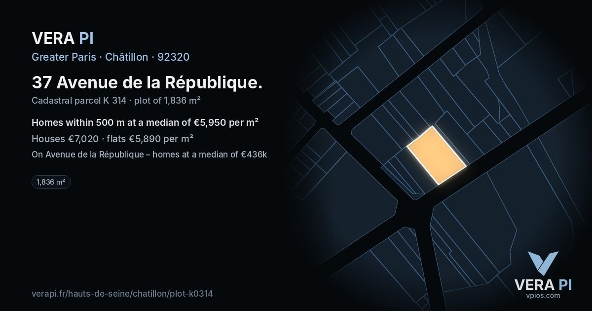 37 Avenue de la République, Châtillon at night – the plot lit, the parcels around coloured by the prices near them