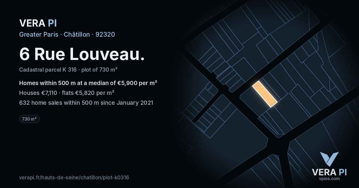 6 Rue Louveau, Châtillon at night – the plot lit, the parcels around coloured by the prices near them