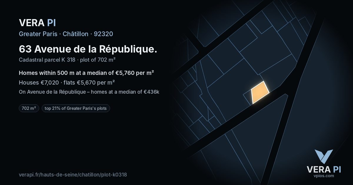 63 Avenue de la République, Châtillon at night – the plot lit, the parcels around coloured by the prices near them