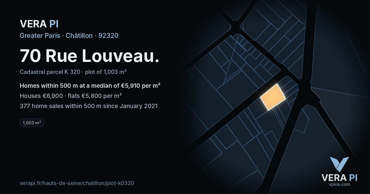 70 Rue Louveau, Châtillon at night – the plot lit, the parcels around coloured by the prices near them