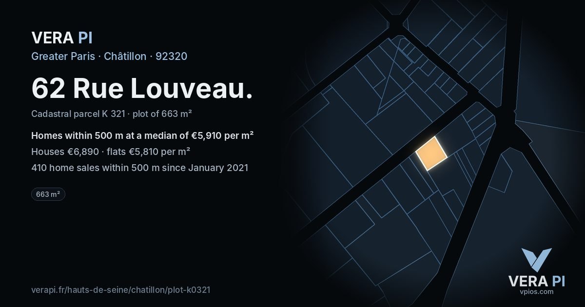 62 Rue Louveau, Châtillon at night – the plot lit, the parcels around coloured by the prices near them