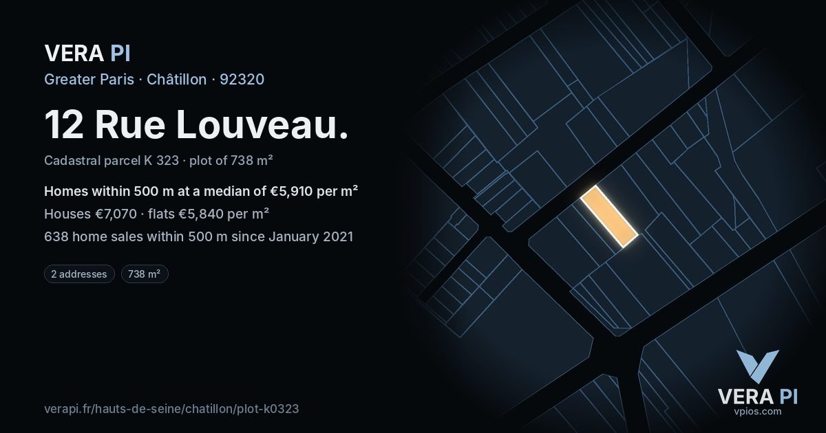 12 Rue Louveau, Châtillon at night – the plot lit, the parcels around coloured by the prices near them