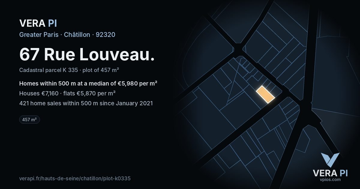 67 Rue Louveau, Châtillon at night – the plot lit, the parcels around coloured by the prices near them