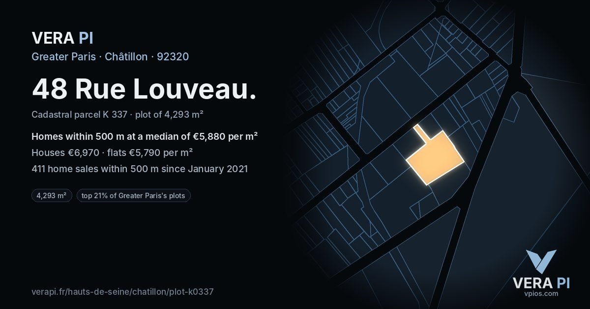 48 Rue Louveau, Châtillon at night – the plot lit, the parcels around coloured by the prices near them