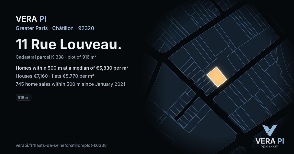 11 Rue Louveau, Châtillon at night – the plot lit, the parcels around coloured by the prices near them