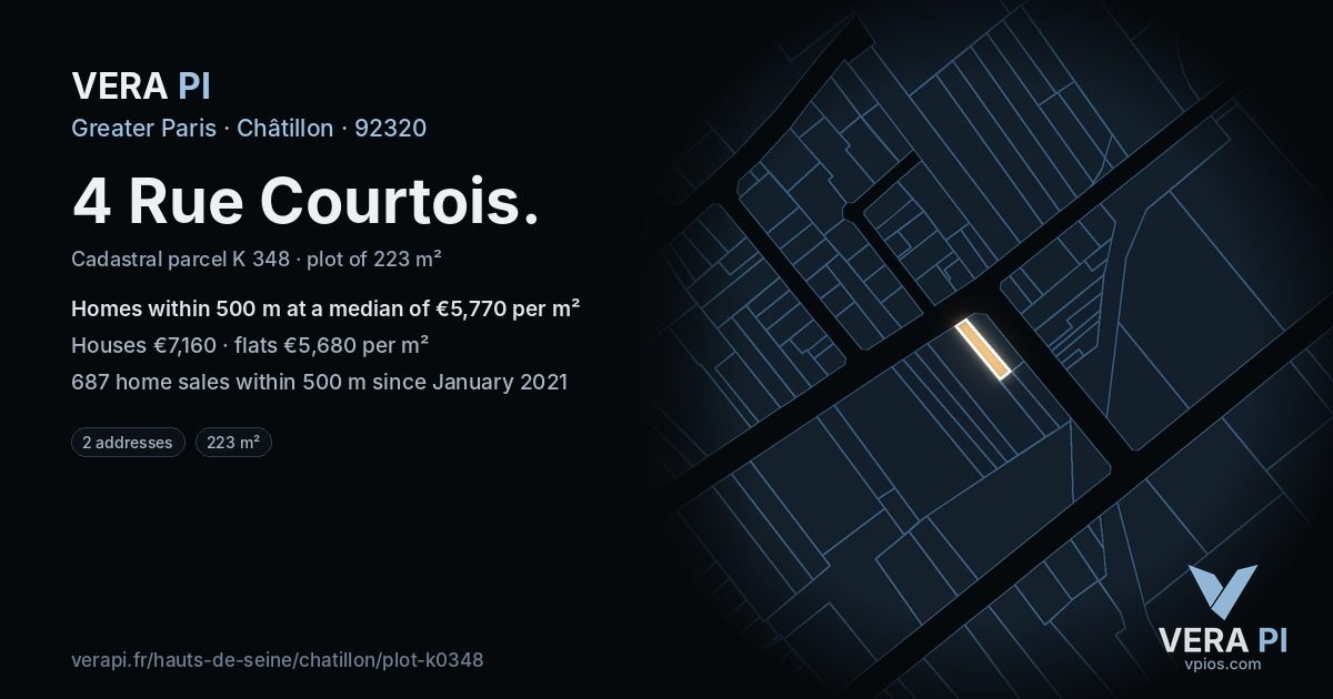 4 Rue Courtois, Châtillon at night – the plot lit, the parcels around coloured by the prices near them