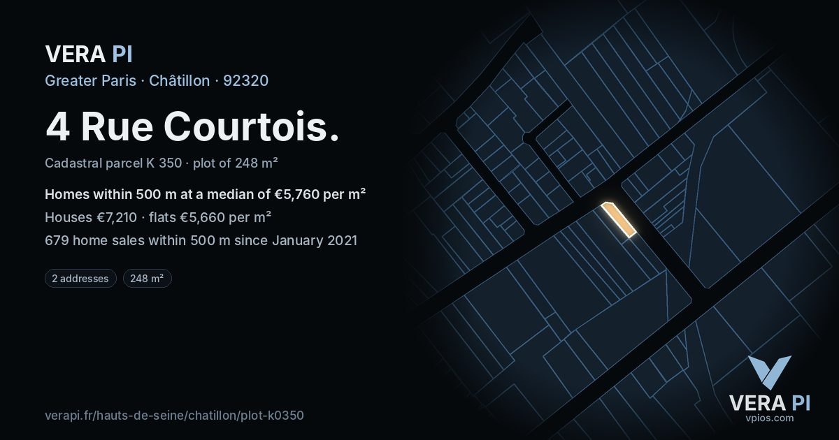 4 Rue Courtois, Châtillon at night – the plot lit, the parcels around coloured by the prices near them
