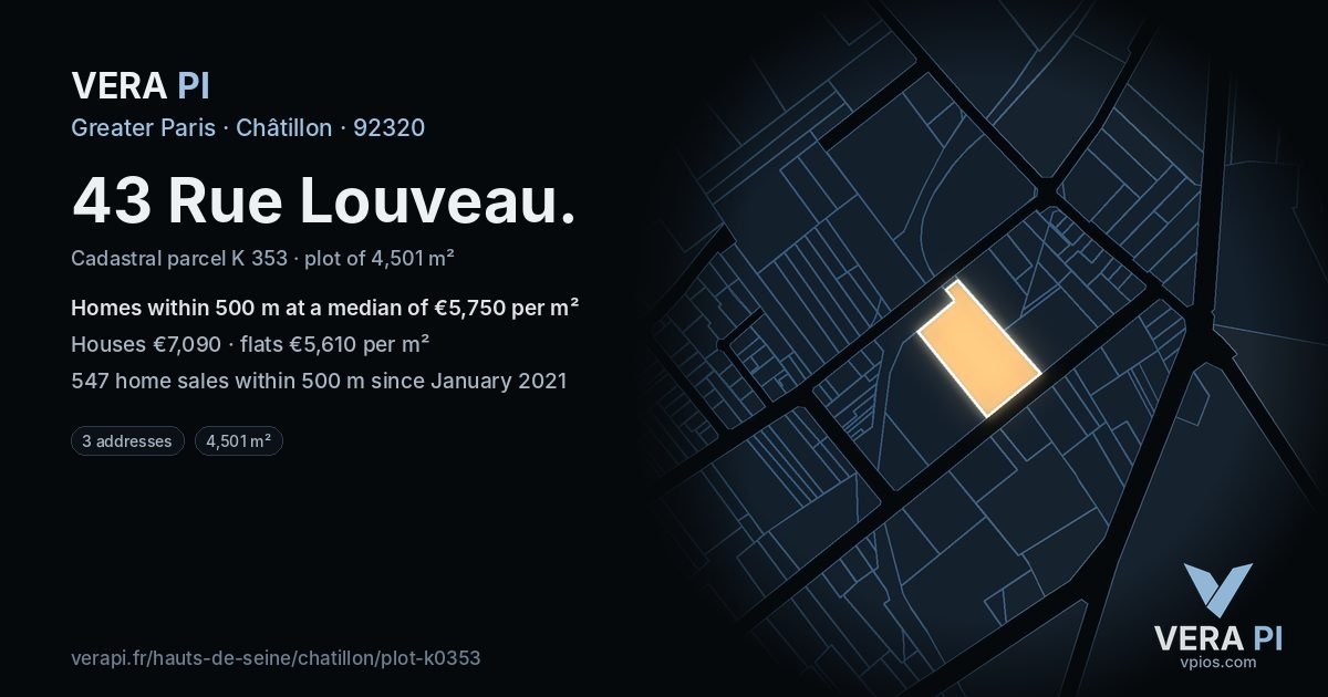43 Rue Louveau, Châtillon at night – the plot lit, the parcels around coloured by the prices near them