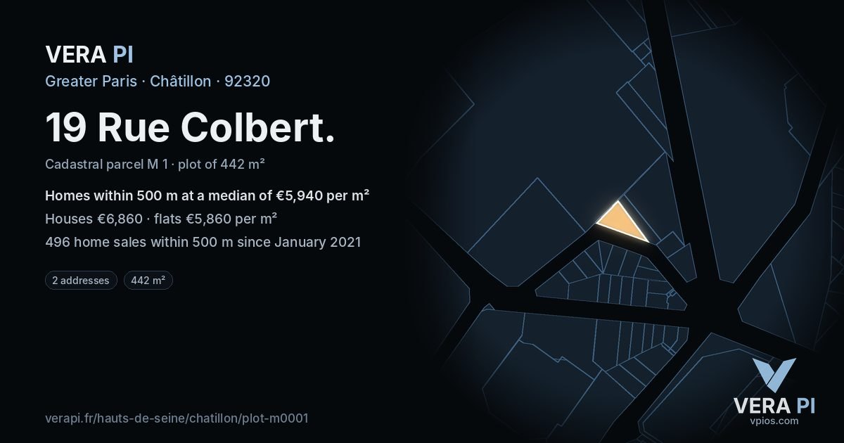 19 Rue Colbert, Châtillon at night – the plot lit, the parcels around coloured by the prices near them