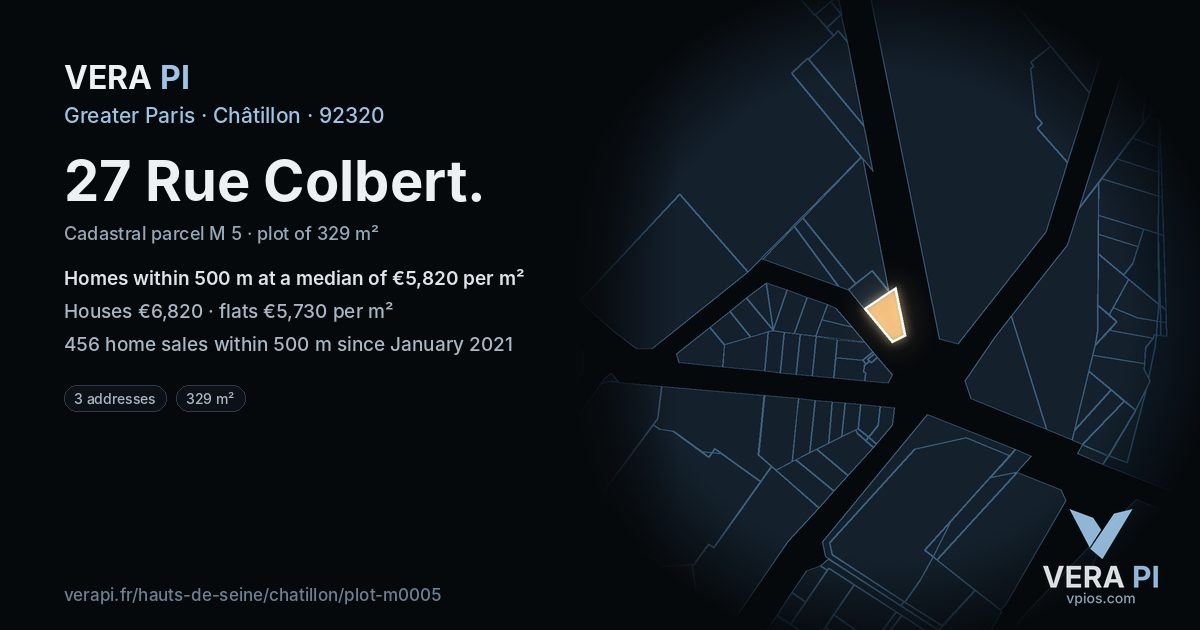 27 Rue Colbert, Châtillon at night – the plot lit, the parcels around coloured by the prices near them