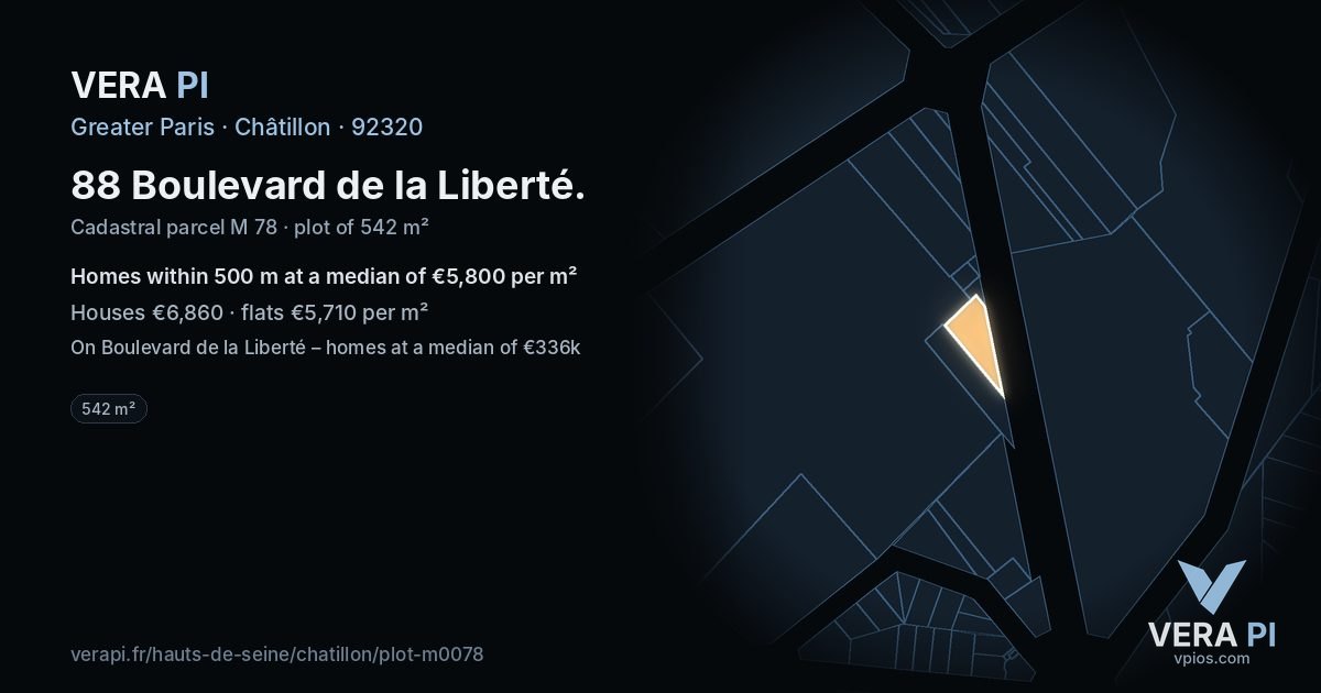 88 Boulevard de la Liberté, Châtillon at night – the plot lit, the parcels around coloured by the prices near them