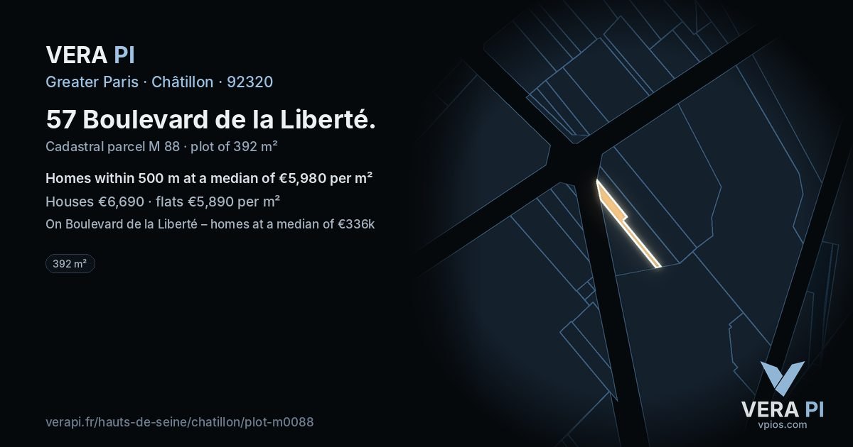 57 Boulevard de la Liberté, Châtillon at night – the plot lit, the parcels around coloured by the prices near them
