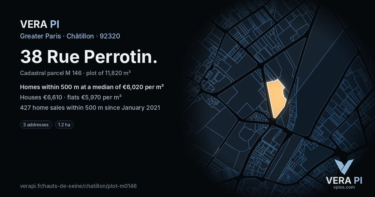 38 Rue Perrotin, Châtillon at night – the plot lit, the parcels around coloured by the prices near them