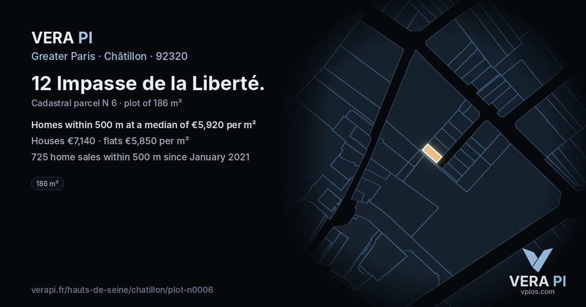 12 Impasse de la Liberté, Châtillon at night – the plot lit, the parcels around coloured by the prices near them