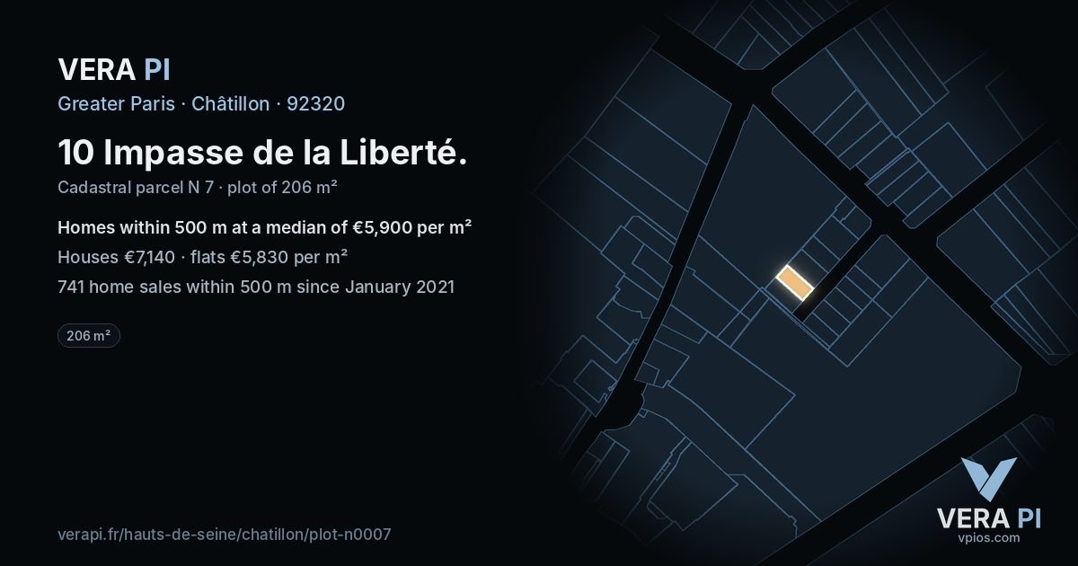 10 Impasse de la Liberté, Châtillon at night – the plot lit, the parcels around coloured by the prices near them