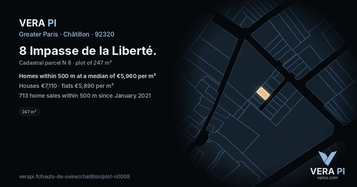 8 Impasse de la Liberté, Châtillon at night – the plot lit, the parcels around coloured by the prices near them
