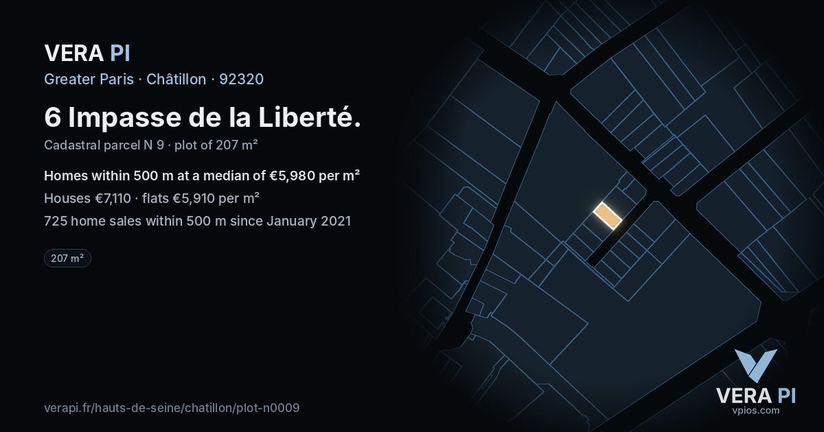 6 Impasse de la Liberté, Châtillon at night – the plot lit, the parcels around coloured by the prices near them