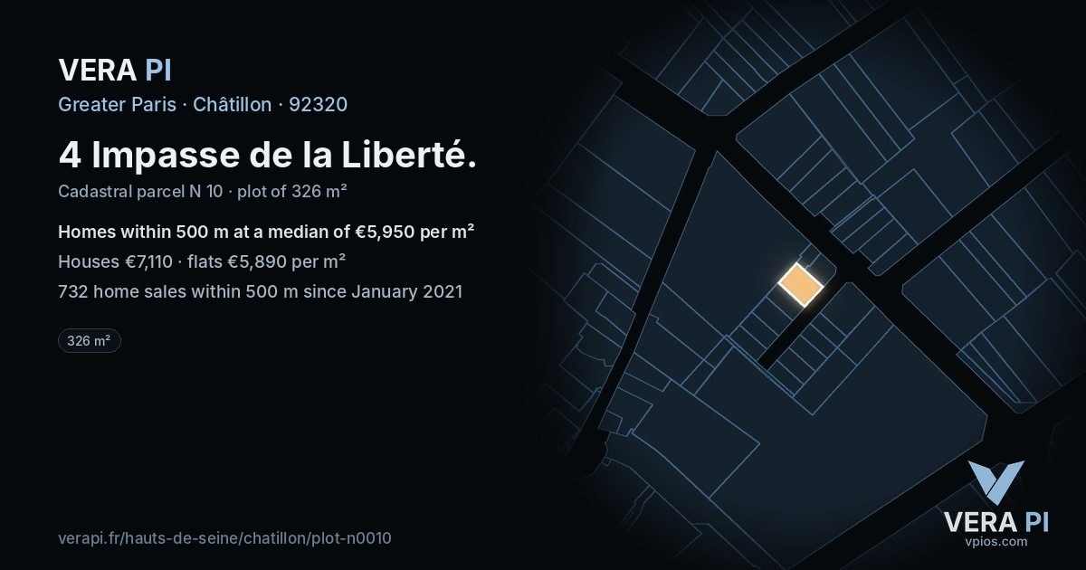 4 Impasse de la Liberté, Châtillon at night – the plot lit, the parcels around coloured by the prices near them