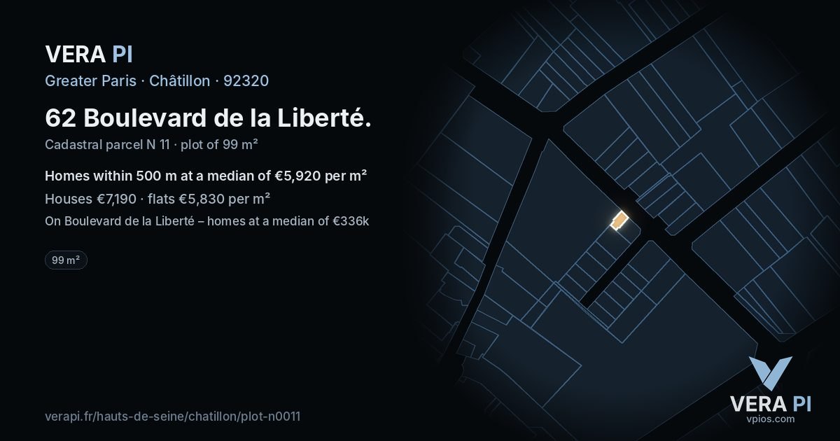 62 Boulevard de la Liberté, Châtillon at night – the plot lit, the parcels around coloured by the prices near them