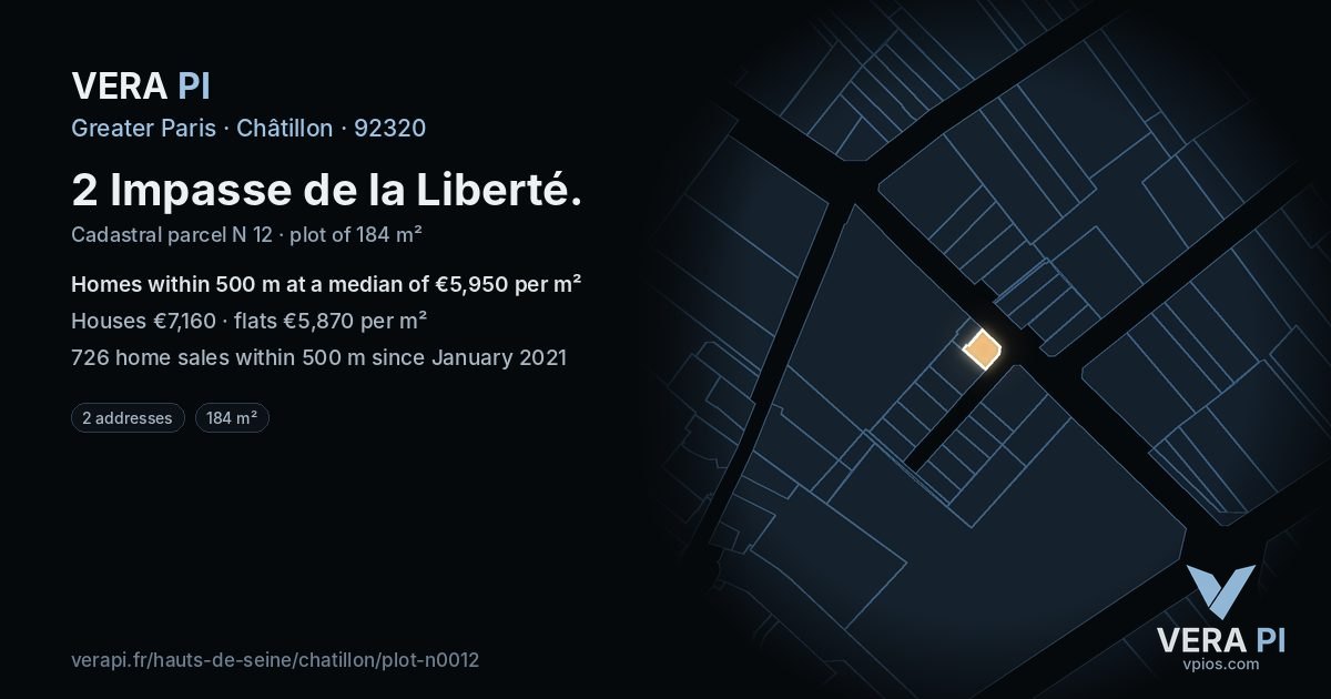 2 Impasse de la Liberté, Châtillon at night – the plot lit, the parcels around coloured by the prices near them