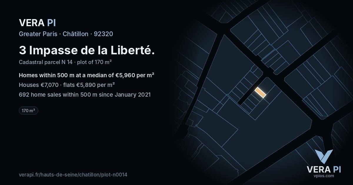 3 Impasse de la Liberté, Châtillon at night – the plot lit, the parcels around coloured by the prices near them