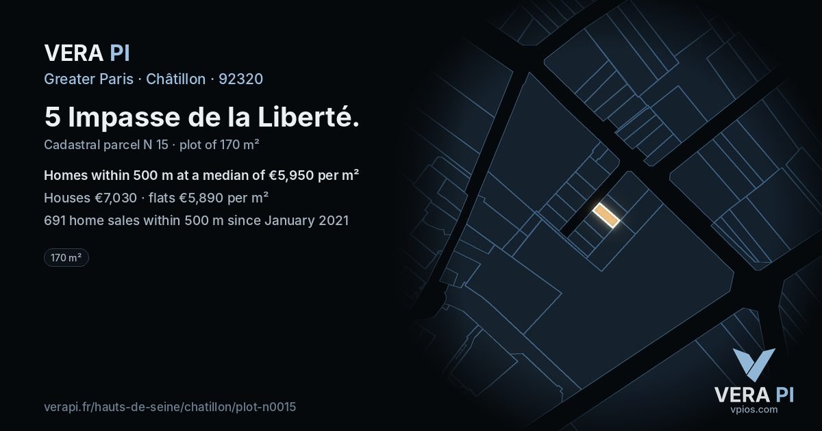 5 Impasse de la Liberté, Châtillon at night – the plot lit, the parcels around coloured by the prices near them