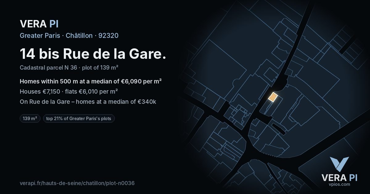 14 bis Rue de la Gare, Châtillon at night – the plot lit, the parcels around coloured by the prices near them
