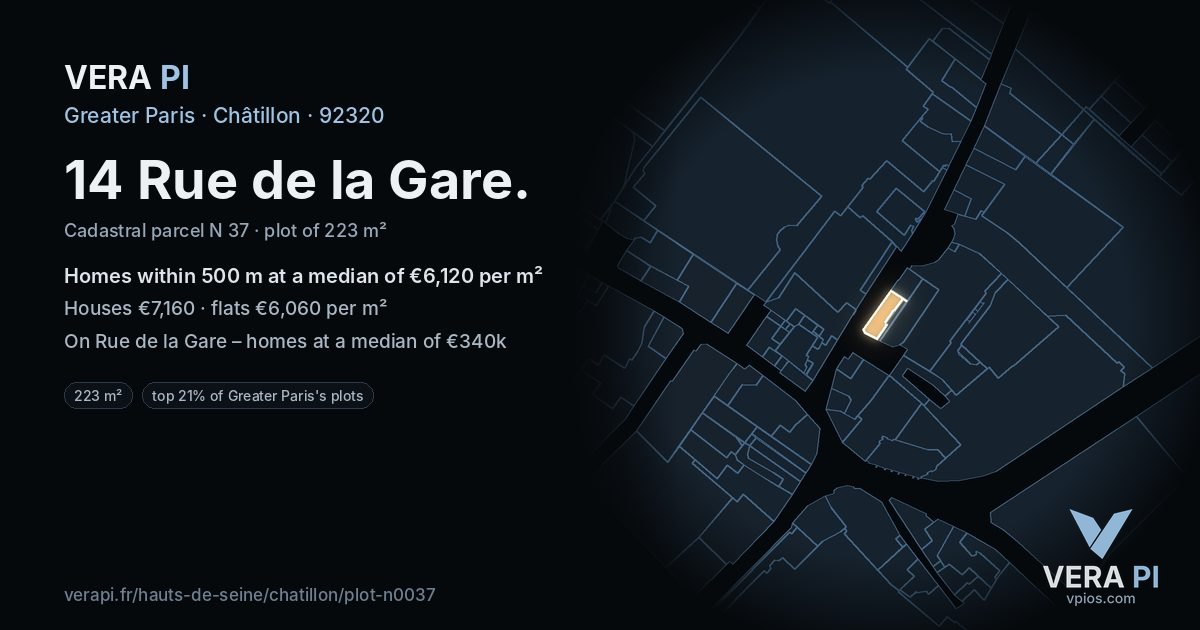 14 Rue de la Gare, Châtillon at night – the plot lit, the parcels around coloured by the prices near them