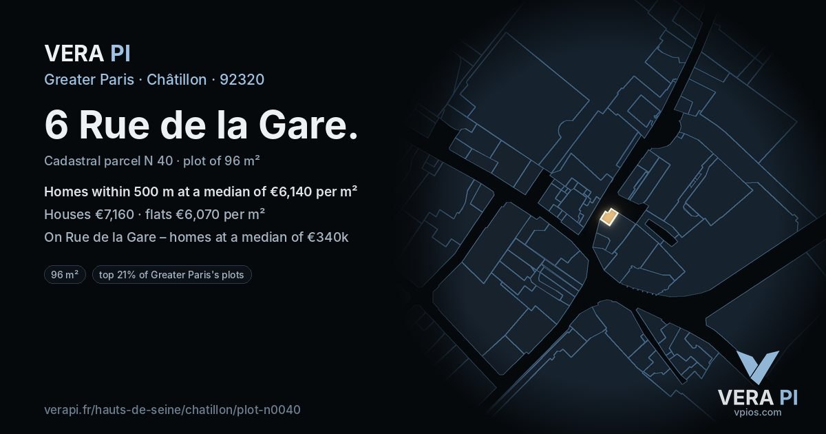 6 Rue de la Gare, Châtillon at night – the plot lit, the parcels around coloured by the prices near them