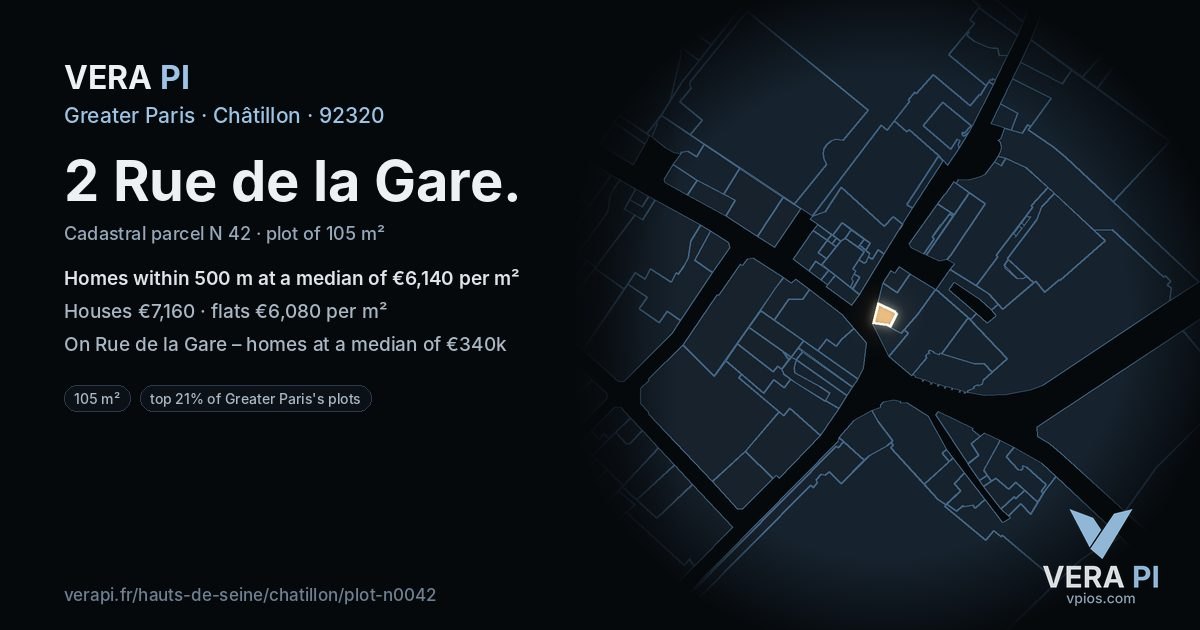 2 Rue de la Gare, Châtillon at night – the plot lit, the parcels around coloured by the prices near them