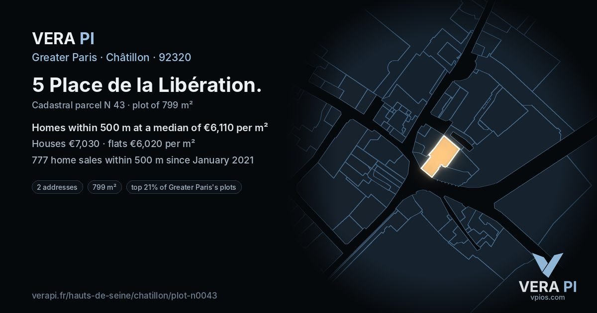 5 Place de la Libération, Châtillon at night – the plot lit, the parcels around coloured by the prices near them