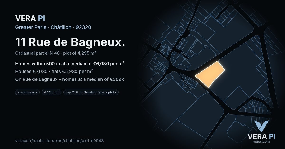 11 Rue de Bagneux, Châtillon at night – the plot lit, the parcels around coloured by the prices near them
