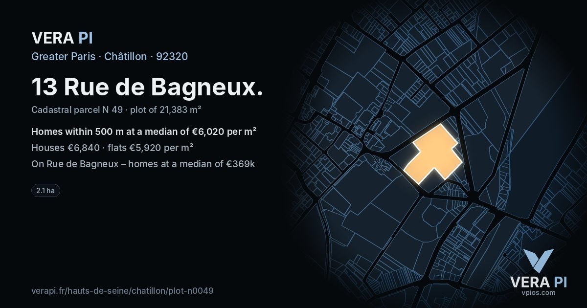 13 Rue de Bagneux, Châtillon at night – the plot lit, the parcels around coloured by the prices near them