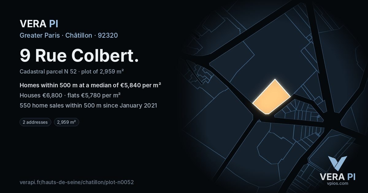 9 Rue Colbert, Châtillon at night – the plot lit, the parcels around coloured by the prices near them