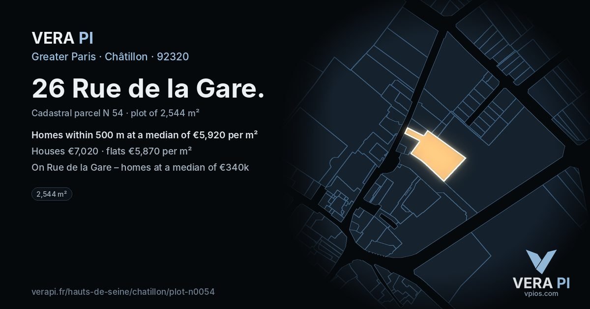 26 Rue de la Gare, Châtillon at night – the plot lit, the parcels around coloured by the prices near them