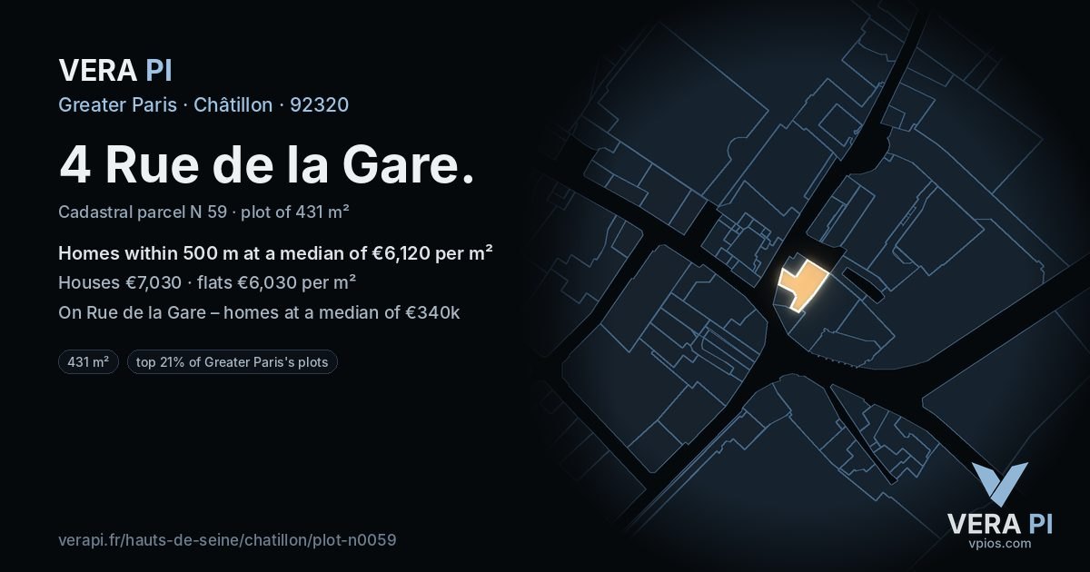 4 Rue de la Gare, Châtillon at night – the plot lit, the parcels around coloured by the prices near them