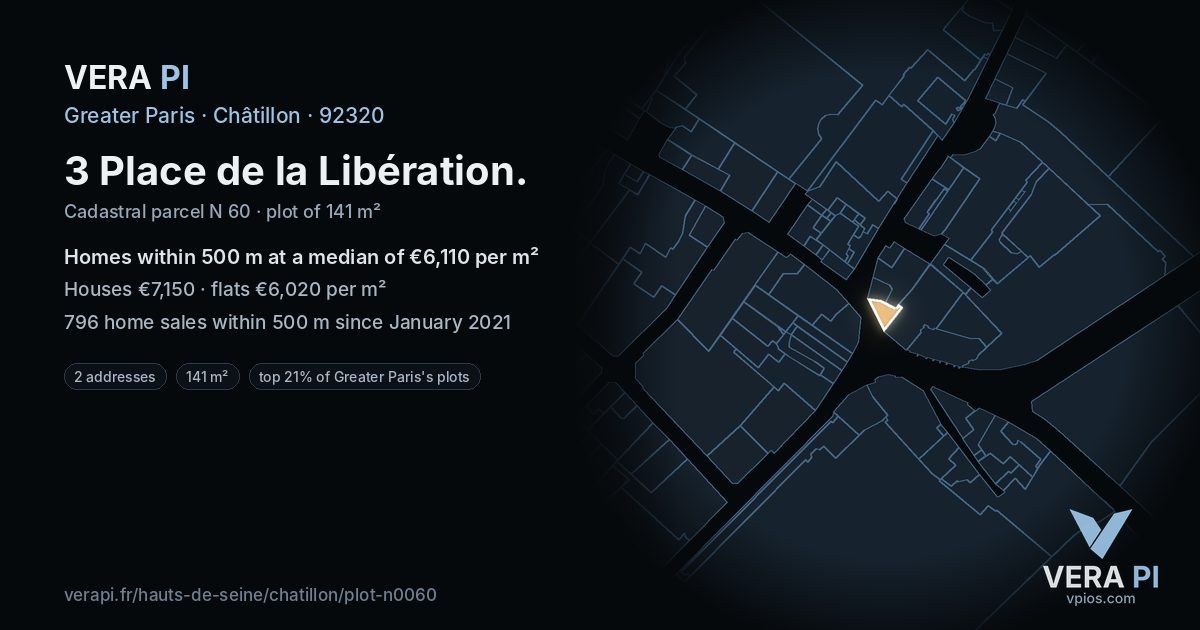 3 Place de la Libération, Châtillon at night – the plot lit, the parcels around coloured by the prices near them