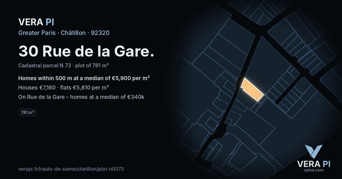 30 Rue de la Gare, Châtillon at night – the plot lit, the parcels around coloured by the prices near them